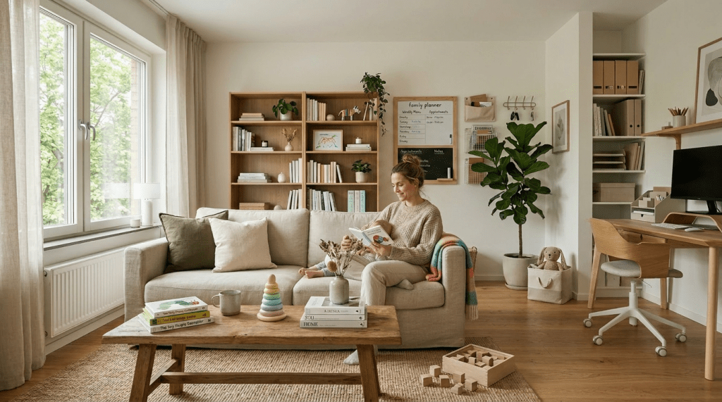 Living room with beige sofa, wooden coffee table, bookshelf, indoor plant, and desk with computer
