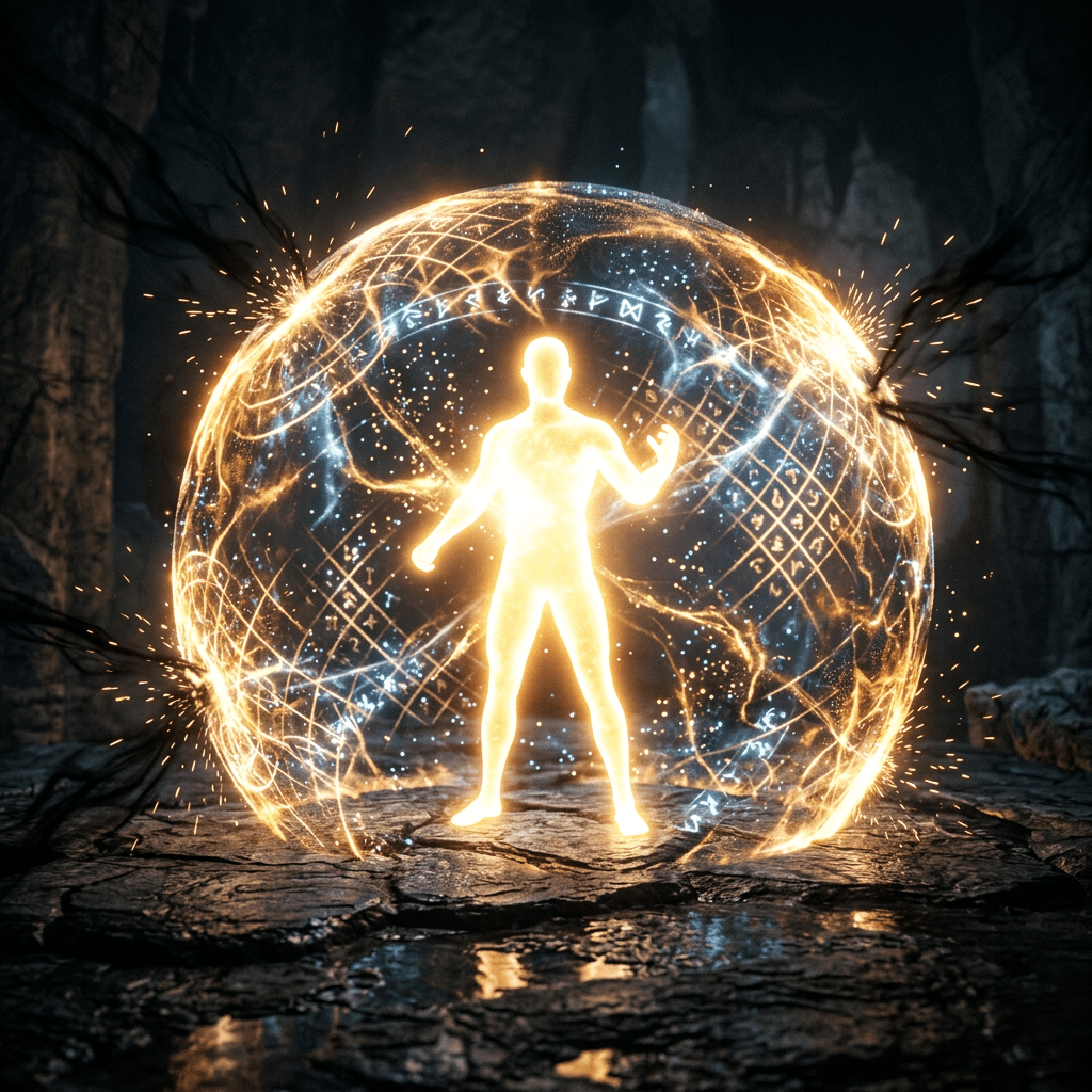 Glowing human figure surrounded by a sphere of golden magical energy with runes.
